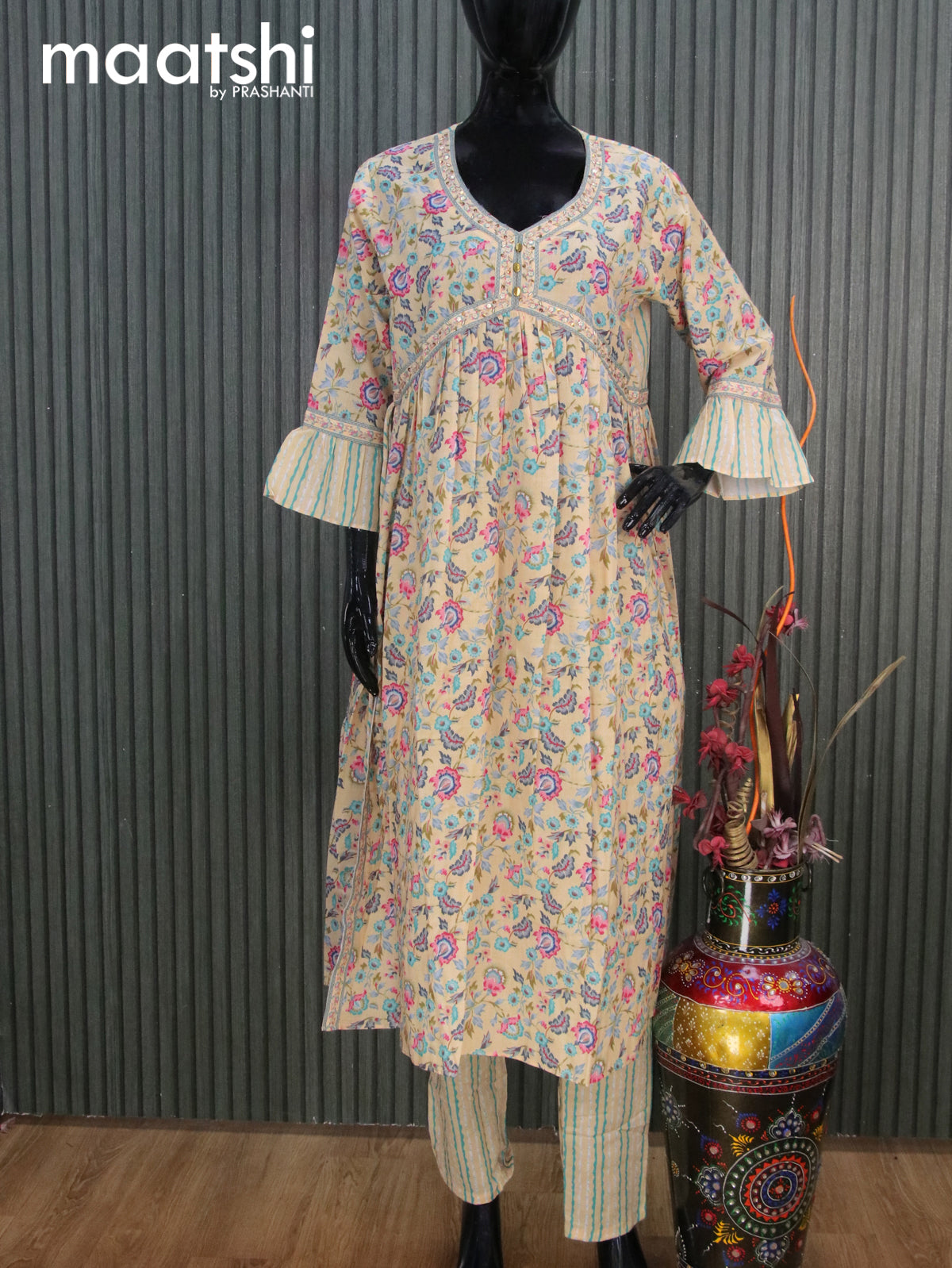 Cotton readymade alia cut salwar suits sandal with allover floral prints & sequin work neck pattern and straight cut pant & cotton dupatta