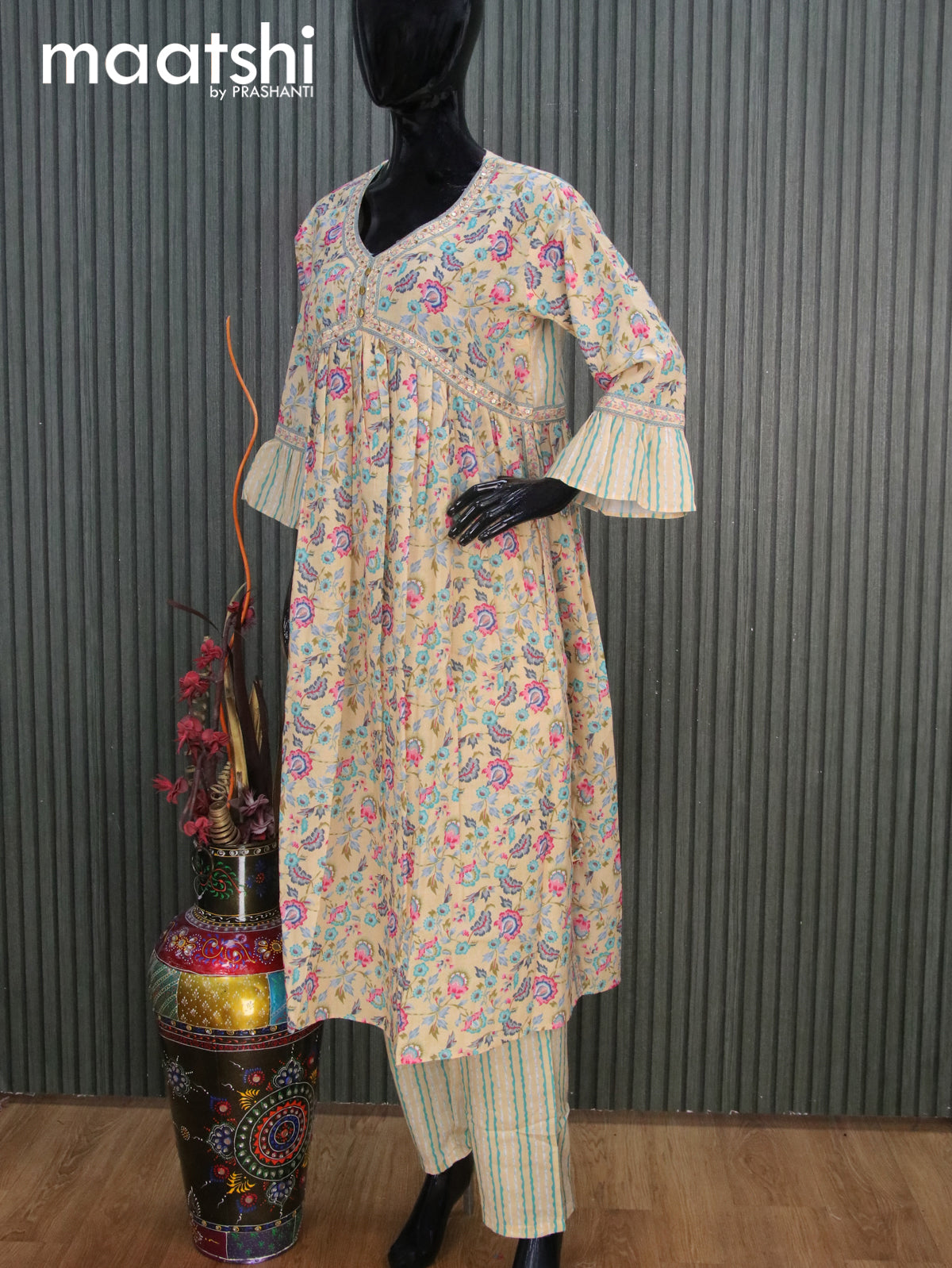 Cotton readymade alia cut salwar suits sandal with allover floral prints & sequin work neck pattern and straight cut pant & cotton dupatta
