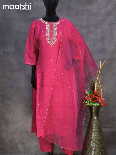 Muslin readymade salwar suit pink with sequin & french knot work neck pattern and straight cut pant & organza dupatta