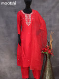 Muslin readymade salwar suit red with sequin & french knot work neck pattern and straight cut pant & organza dupatta