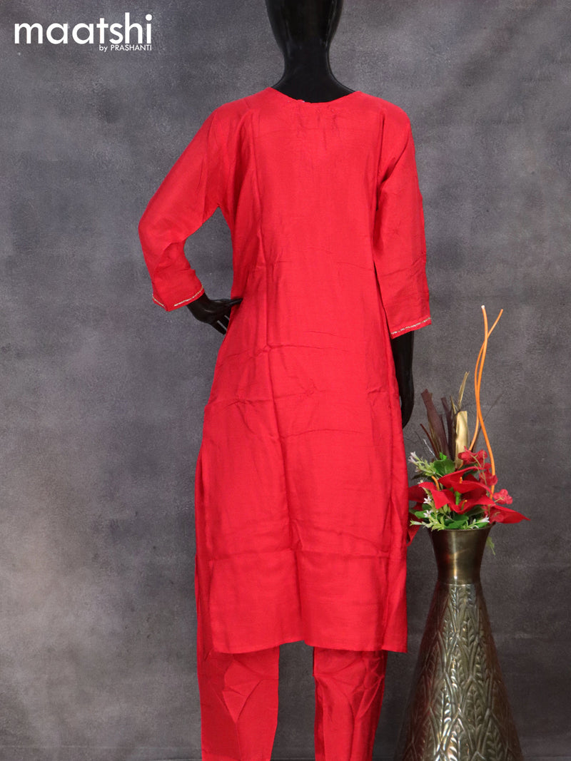 Muslin readymade salwar suit red with sequin & french knot work neck pattern and straight cut pant & organza dupatta