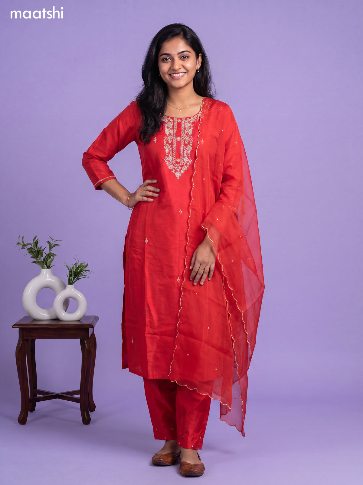 Muslin readymade salwar suit red with sequin & french knot work neck pattern and straight cut pant & organza dupatta