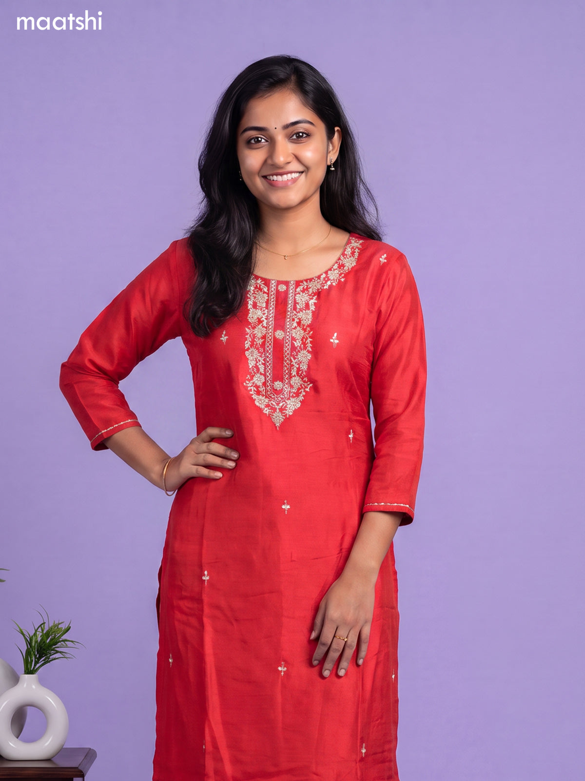 Muslin readymade salwar suit red with sequin & french knot work neck pattern and straight cut pant & organza dupatta
