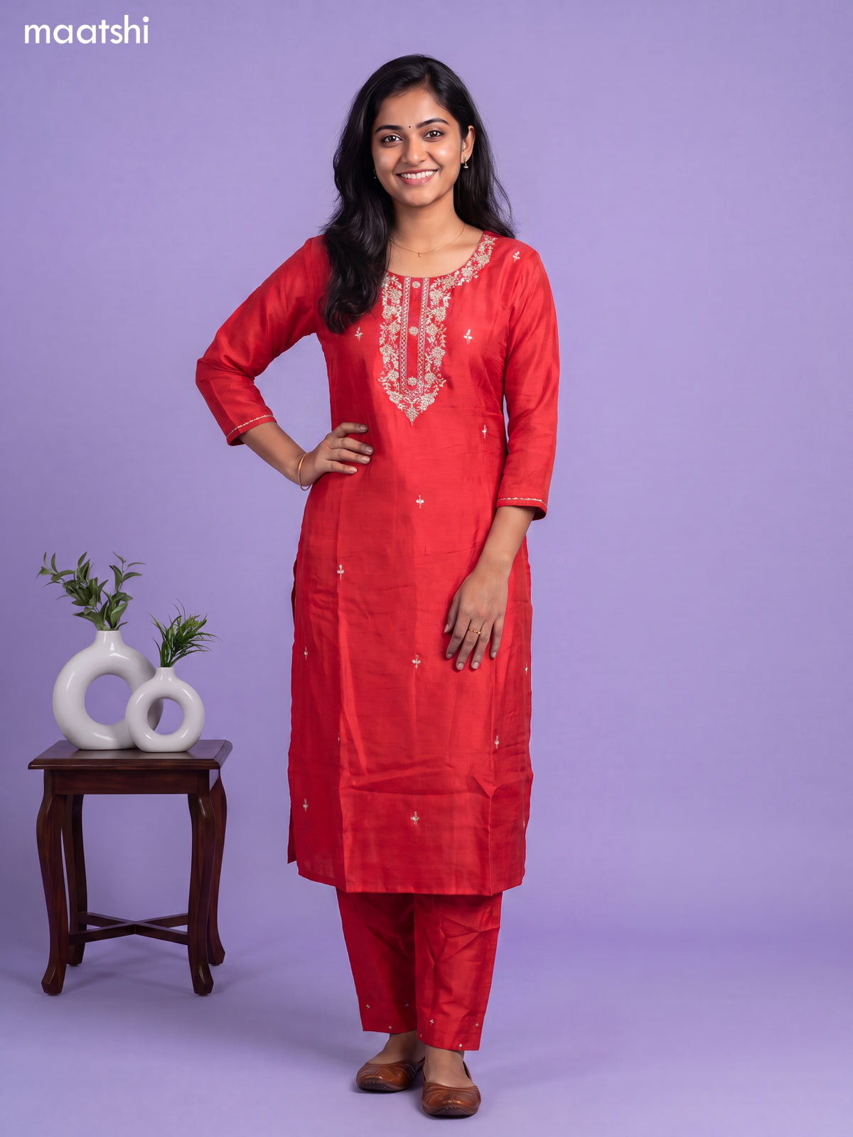 Muslin readymade salwar suit red with sequin & french knot work neck pattern and straight cut pant & organza dupatta