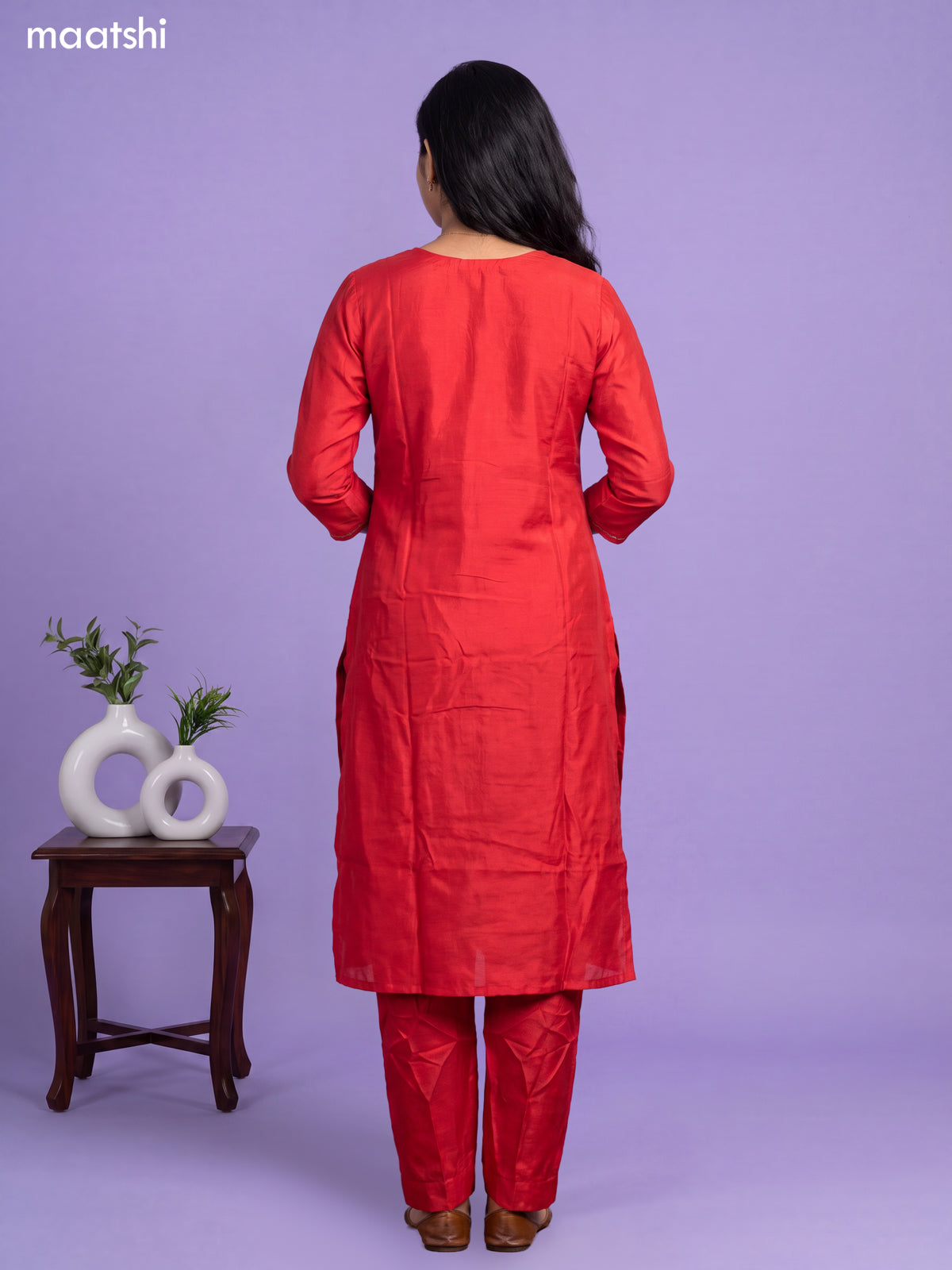 Muslin readymade salwar suit red with sequin & french knot work neck pattern and straight cut pant & organza dupatta