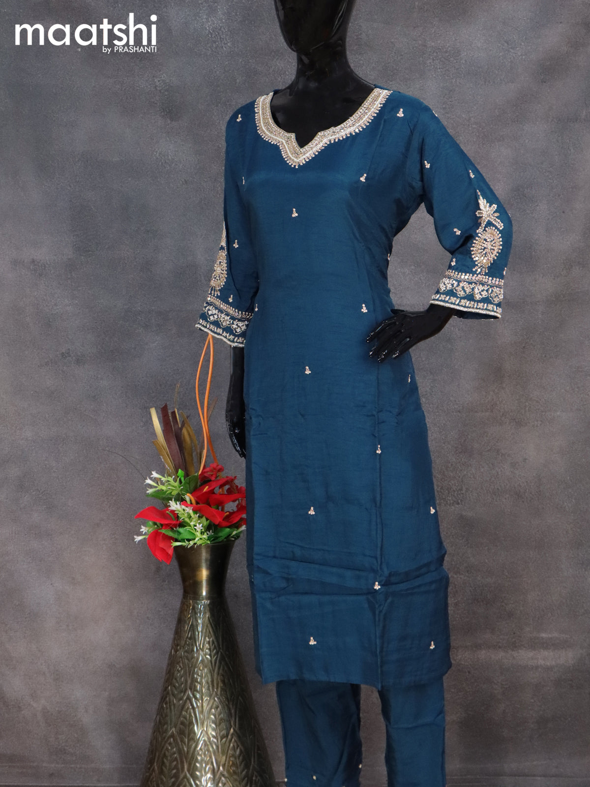 Muslin readymade salwar suit peacock blue with sequin work neck pattern and straight cut pant & banarasi dupatta