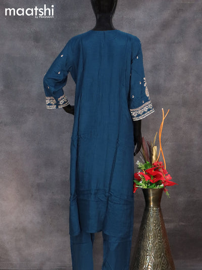 Muslin readymade salwar suit peacock blue with sequin work neck pattern and straight cut pant & banarasi dupatta