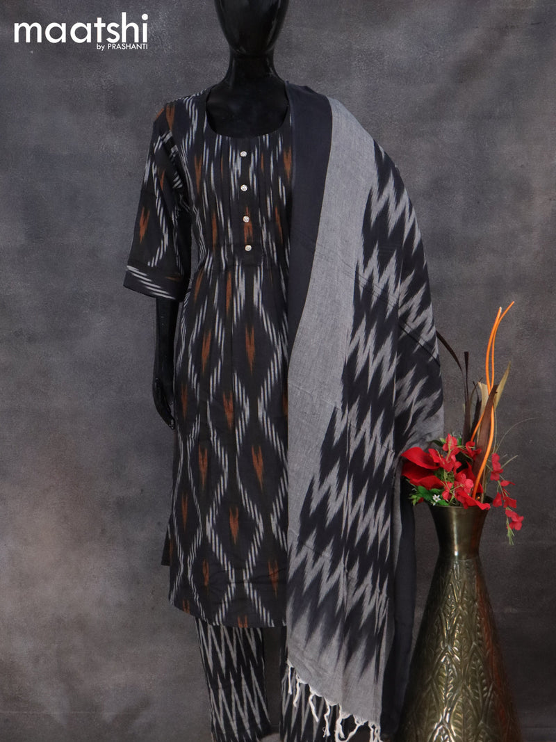 Cotton readymade salwar suit black and grey with allover ikat weaves & simple neck pattern and straight cut pant & dupatta