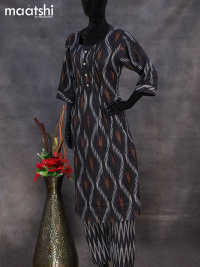 Cotton readymade salwar suit black and grey with allover ikat weaves & simple neck pattern and straight cut pant & dupatta