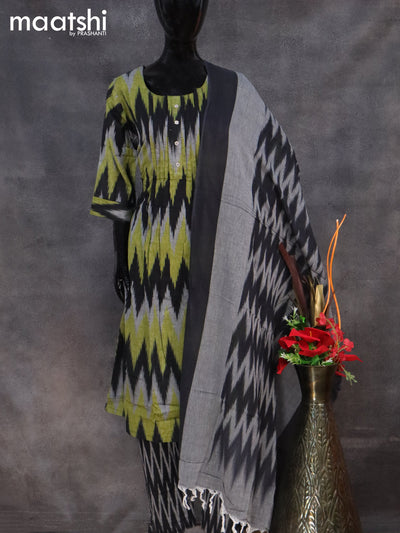 Cotton readymade salwar suit black lime green and grey with allover ikat weaves & simple neck pattern and straight cut pant & dupatta