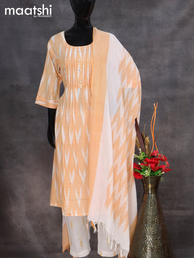 Cotton readymade salwar suit pale orange and off white with allover ikat weaves & simple neck pattern and straight cut pant & dupatta