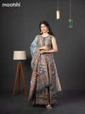 Semi chanderi readymade anarkali salwar suit peacock blue with allover kalamkari prints & embroidery knot work neck pattern and straight cut pant & dupatta sleeve attached