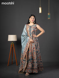 Semi chanderi readymade anarkali salwar suit peacock blue with allover kalamkari prints & embroidery knot work neck pattern and straight cut pant & dupatta sleeve attached