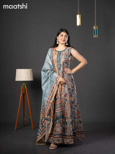 Semi chanderi readymade anarkali salwar suit peacock blue with allover kalamkari prints & embroidery knot work neck pattern and straight cut pant & dupatta sleeve attached
