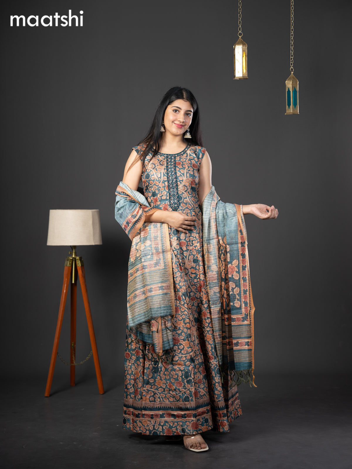 Semi chanderi readymade anarkali salwar suit peacock blue with allover kalamkari prints & embroidery knot work neck pattern and straight cut pant & dupatta sleeve attached