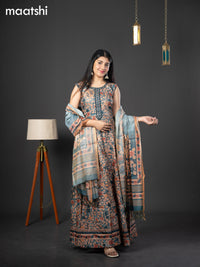Semi chanderi readymade anarkali salwar suit peacock blue with allover kalamkari prints & embroidery knot work neck pattern and straight cut pant & dupatta sleeve attached