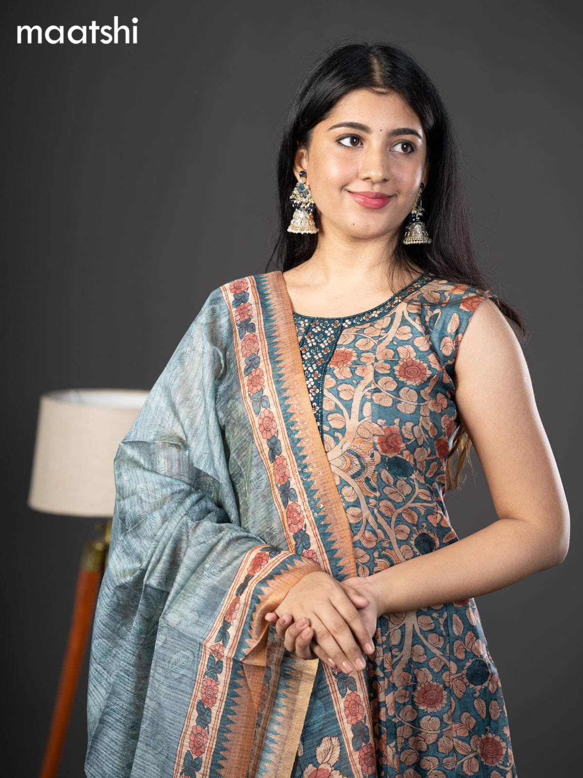 Semi chanderi readymade anarkali salwar suit peacock blue with allover kalamkari prints & embroidery knot work neck pattern and straight cut pant & dupatta sleeve attached
