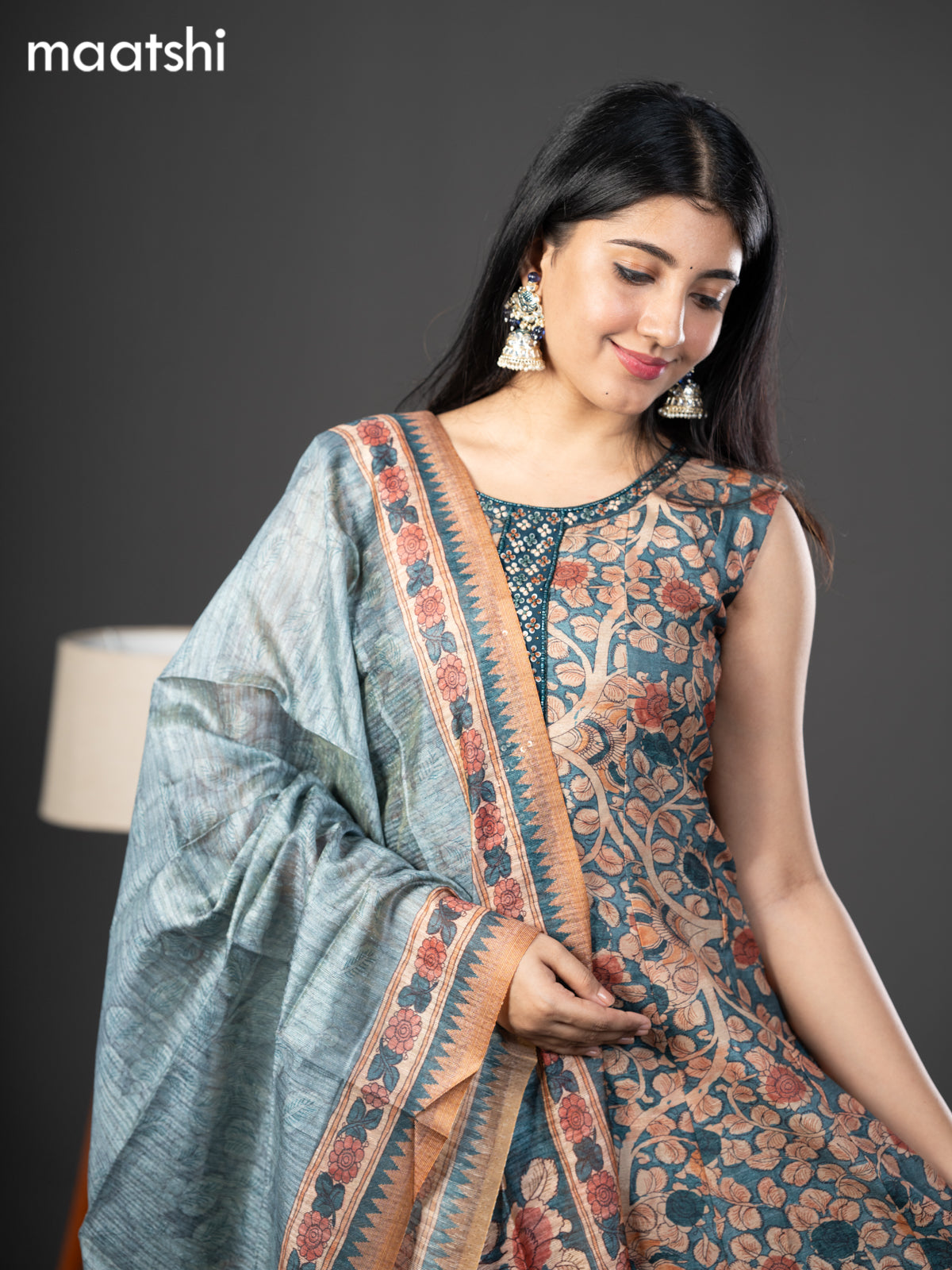 Semi chanderi readymade anarkali salwar suit peacock blue with allover kalamkari prints & embroidery knot work neck pattern and straight cut pant & dupatta sleeve attached