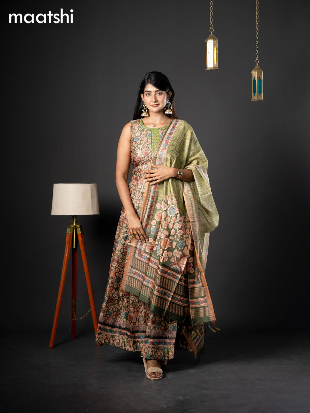 Semi chanderi readymade anarkali salwar suit green with allover kalamkari prints & embroidery knot work neck pattern and straight cut pant & dupatta sleeve attached