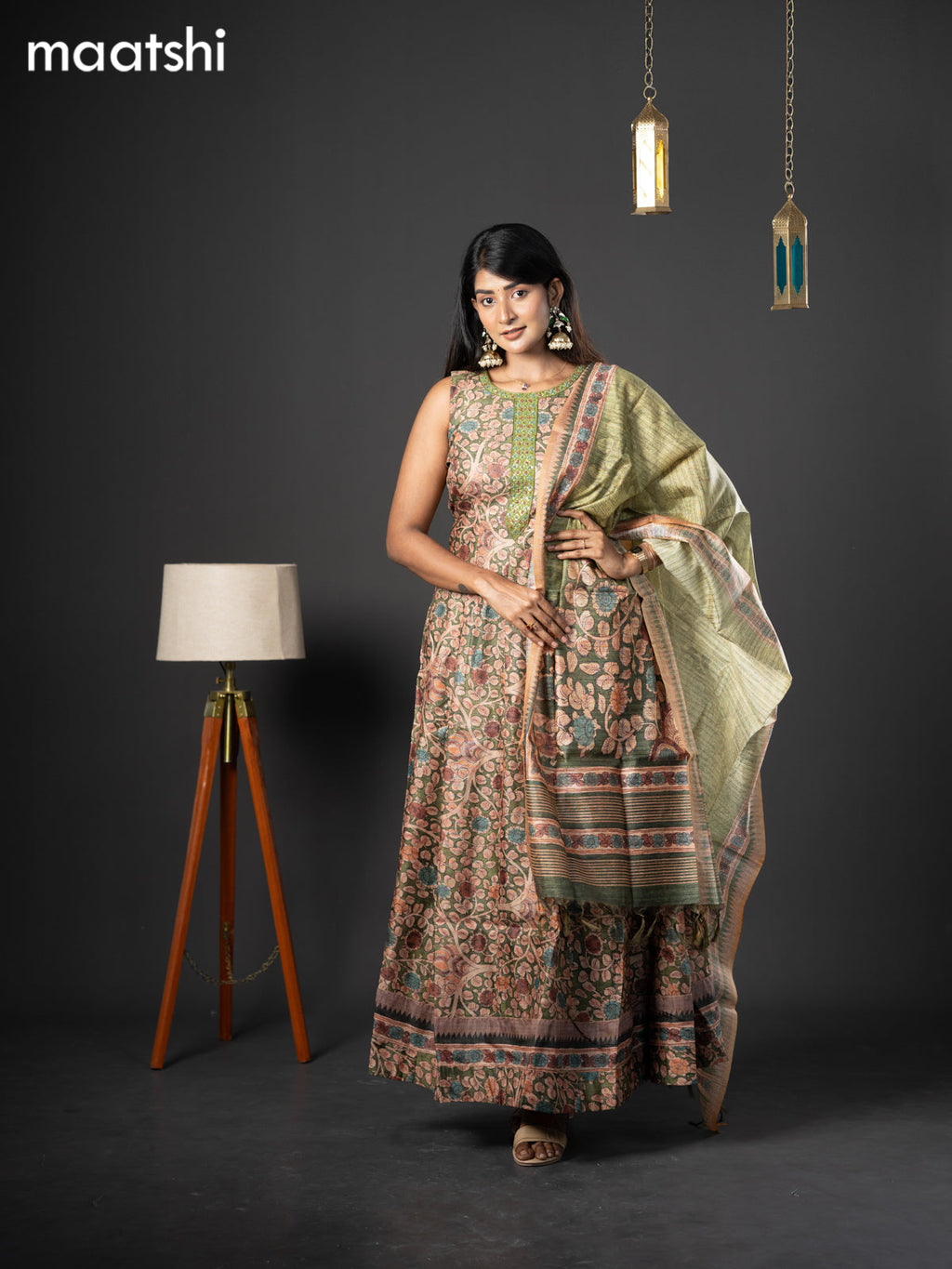 Semi chanderi readymade anarkali salwar suit green with allover kalamkari prints & embroidery knot work neck pattern and straight cut pant & dupatta sleeve attached
