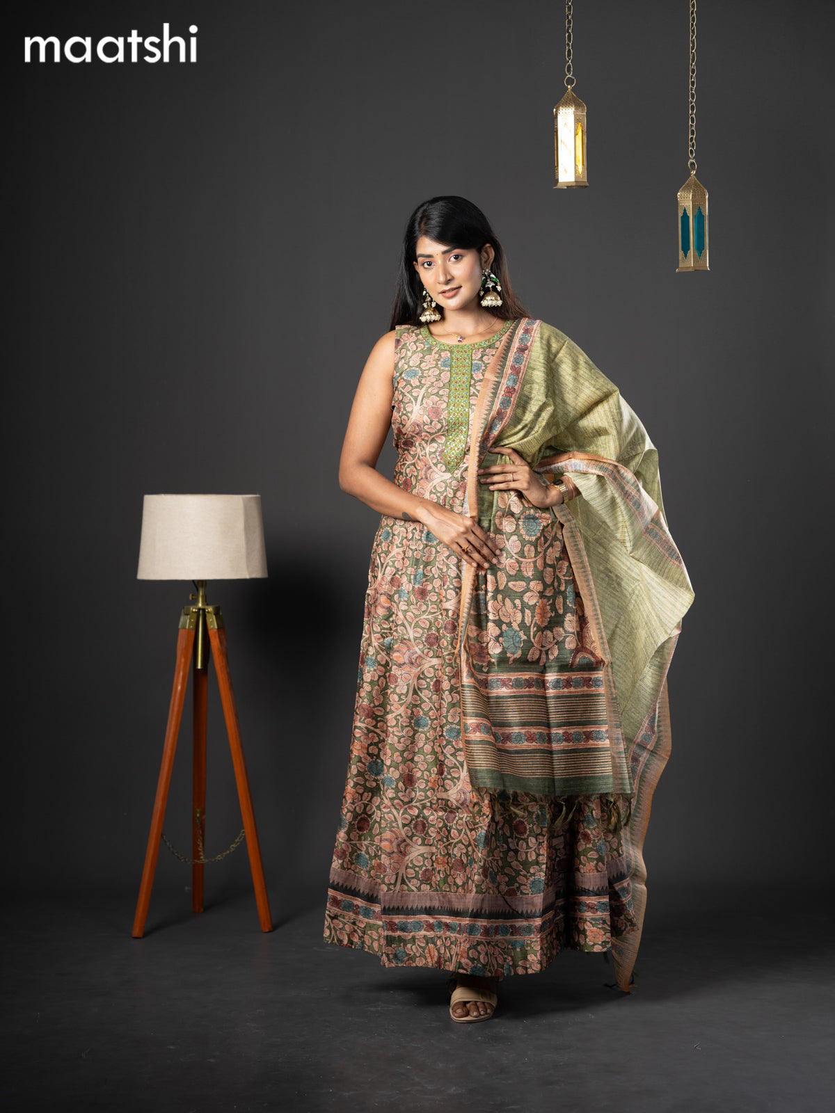 Semi chanderi readymade anarkali salwar suit green with allover kalamkari prints & embroidery knot work neck pattern and straight cut pant & dupatta sleeve attached