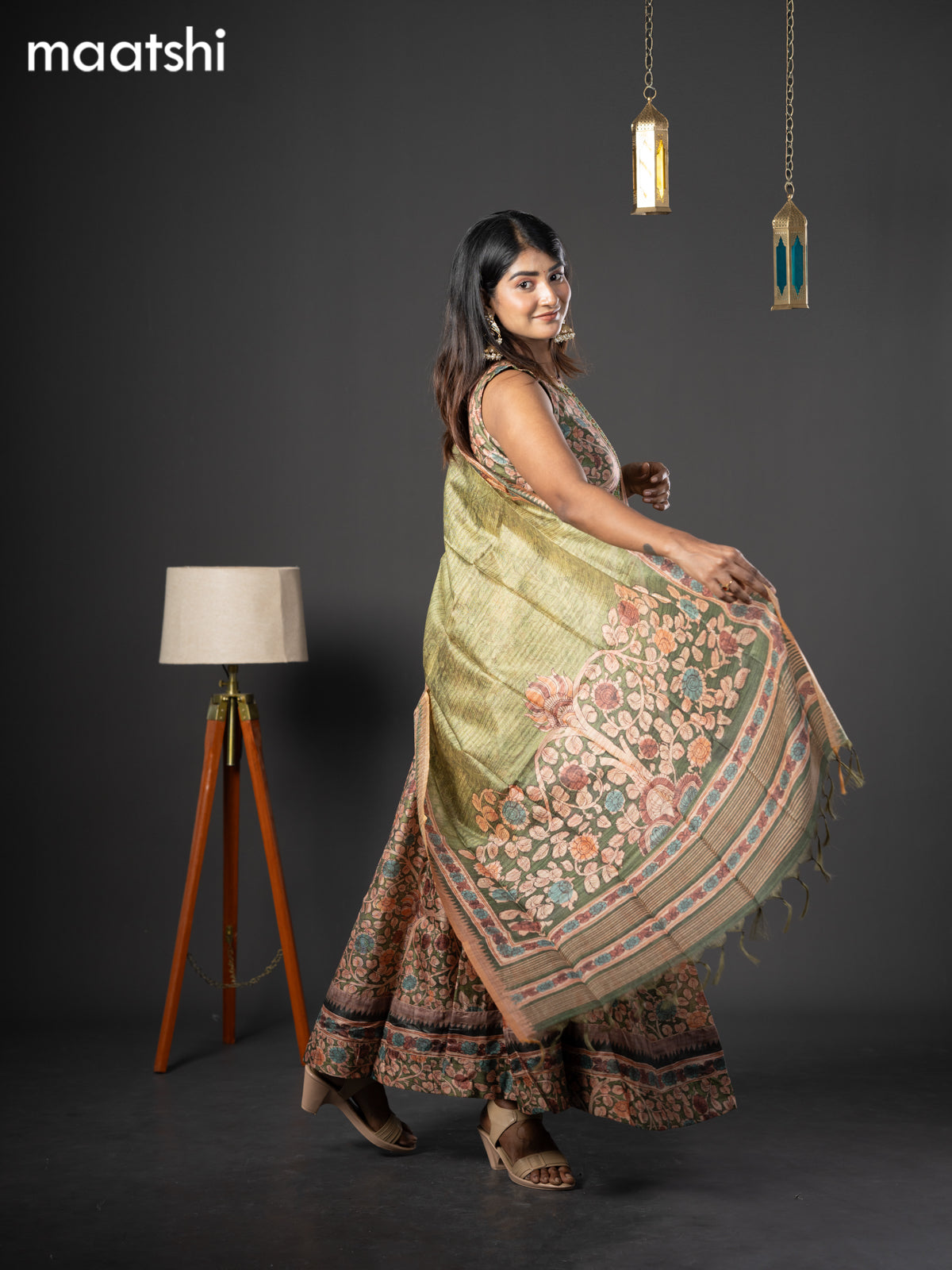 Semi chanderi readymade anarkali salwar suit green with allover kalamkari prints & embroidery knot work neck pattern and straight cut pant & dupatta sleeve attached
