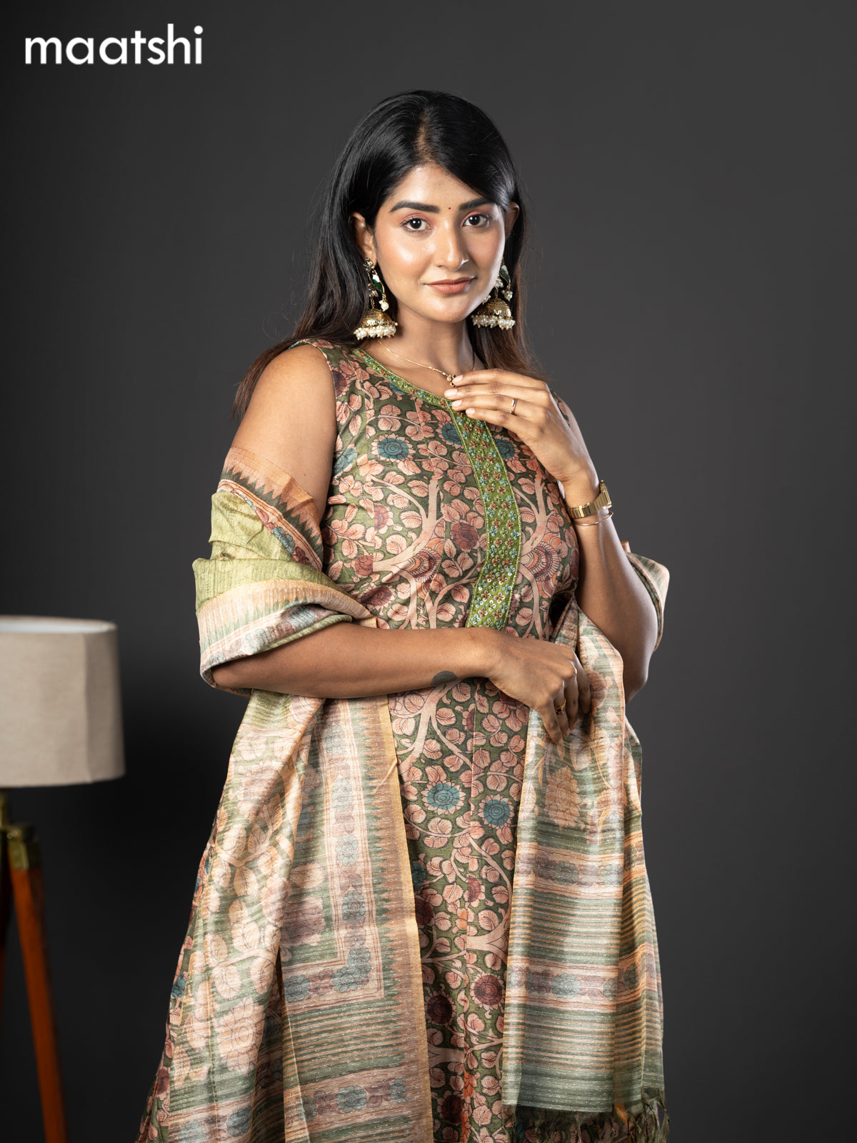 Semi chanderi readymade anarkali salwar suit green with allover kalamkari prints & embroidery knot work neck pattern and straight cut pant & dupatta sleeve attached