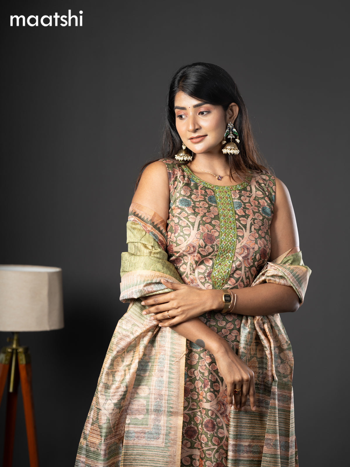 Semi chanderi readymade anarkali salwar suit green with allover kalamkari prints & embroidery knot work neck pattern and straight cut pant & dupatta sleeve attached