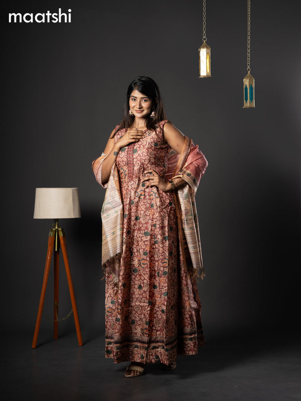 Semi chanderi readymade anarkali salwar suit maroon with allover kalamkari prints & embroidery knot work neck pattern and straight cut pant & dupatta sleeve attached