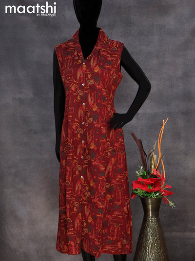 Rayon readymade A-line kurti maroon with allover prints & coller neck pattern without pant & sleeve attached