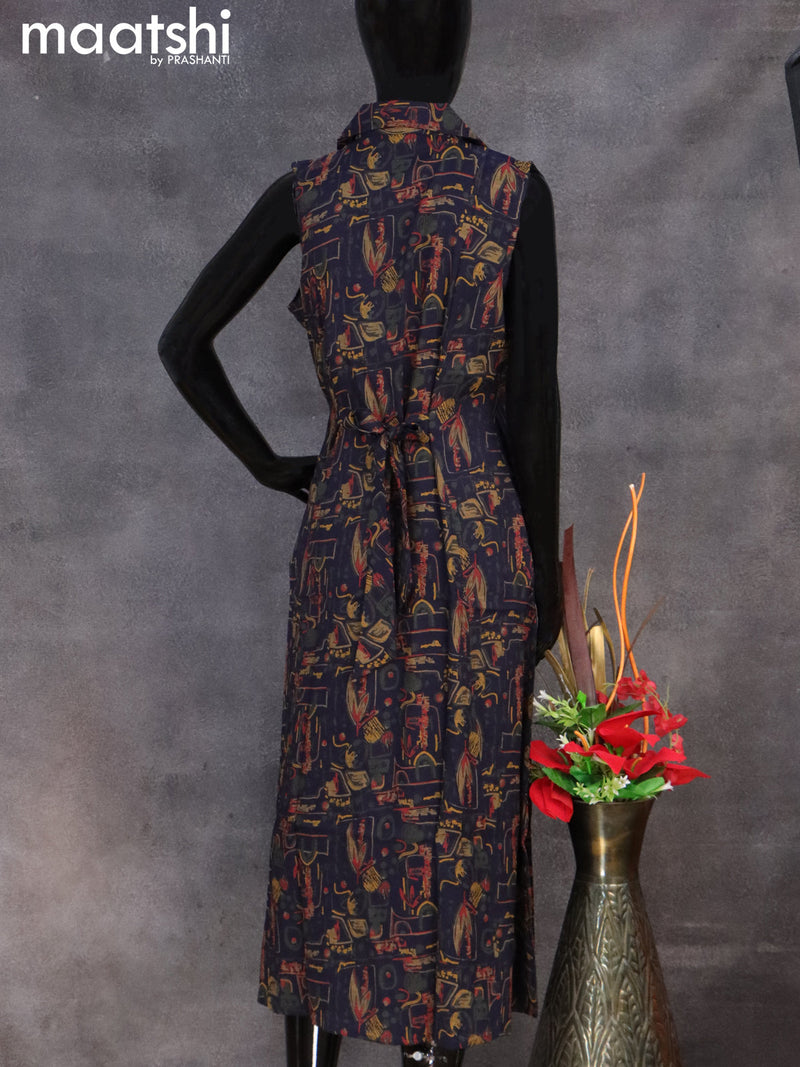 Rayon readymade A-line kurti navy blue with allover prints & coller neck pattern without pant & sleeve attached