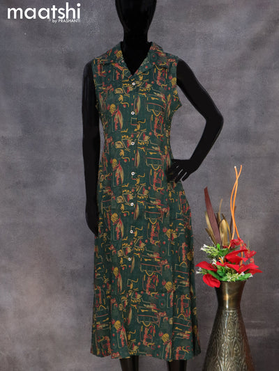 Rayon readymade A-line kurti dark green with allover prints & coller neck pattern without pant & sleeve attached