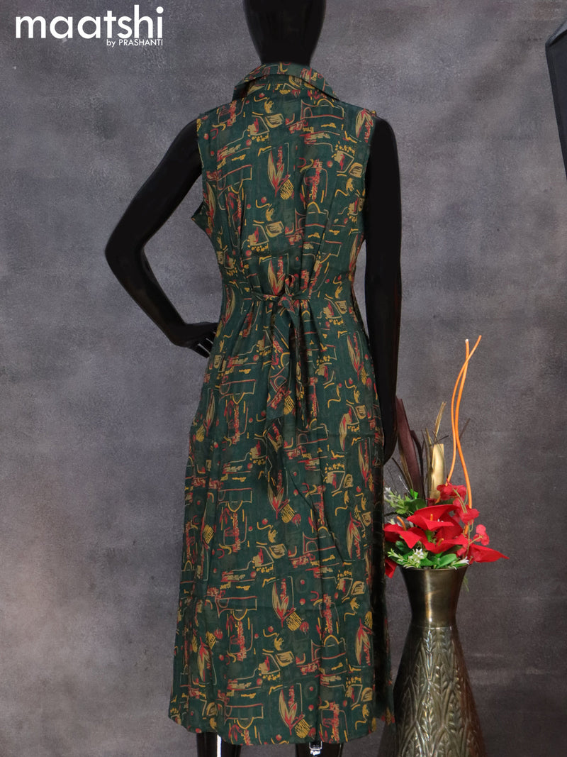 Rayon readymade A-line kurti dark green with allover prints & coller neck pattern without pant & sleeve attached