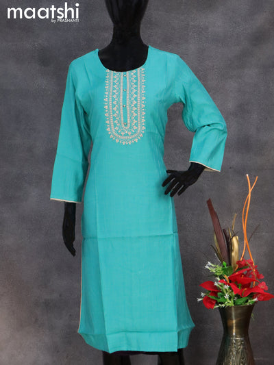 Cotton readymade kurti teal blue with embroidery work neck pattern without pant