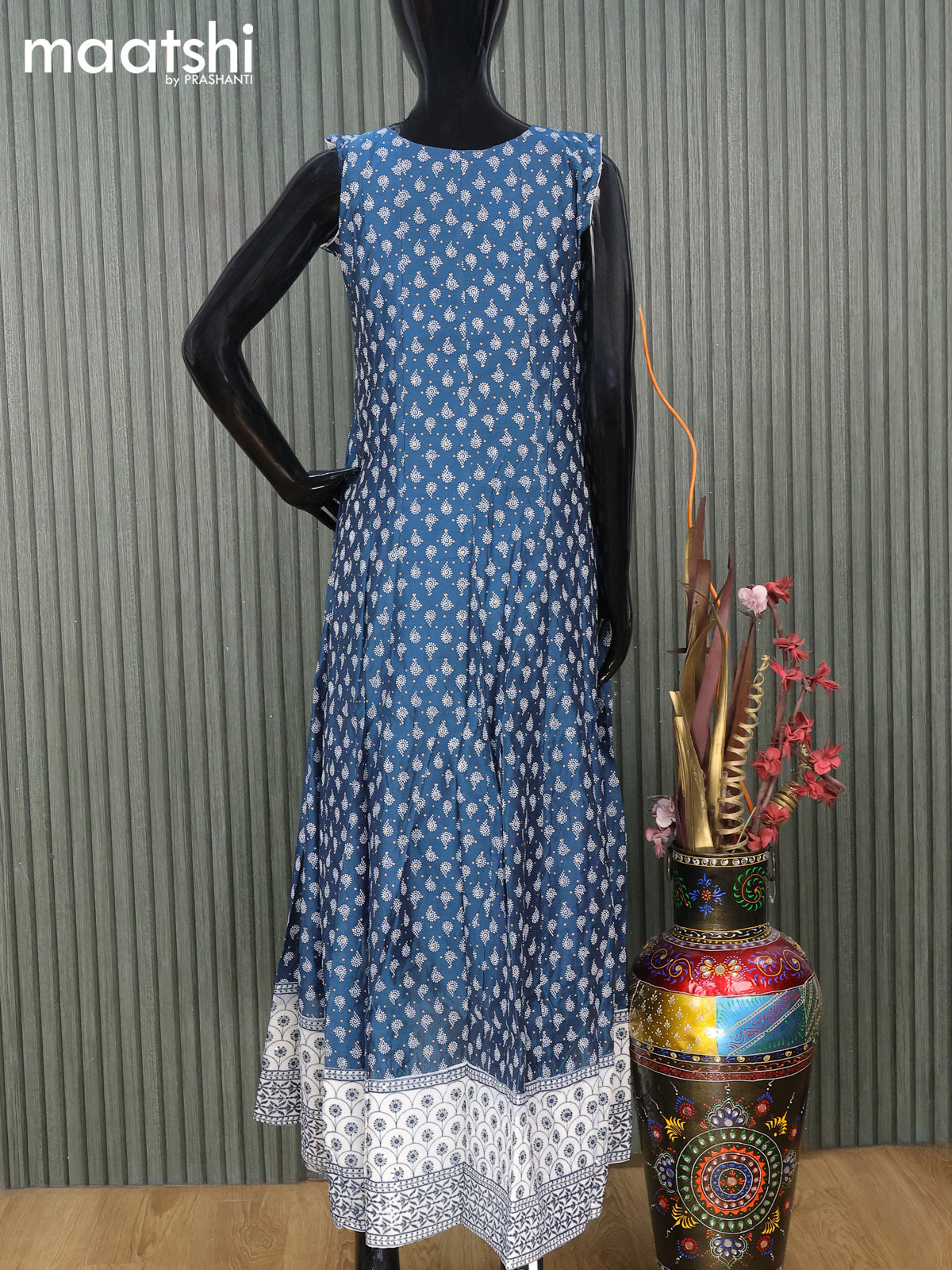 Chanderi readymade anarkali salwar suit blue and off white with butta prints & sequin work neck pattern and straight cut pant & sequin work dupatta sleeves attached