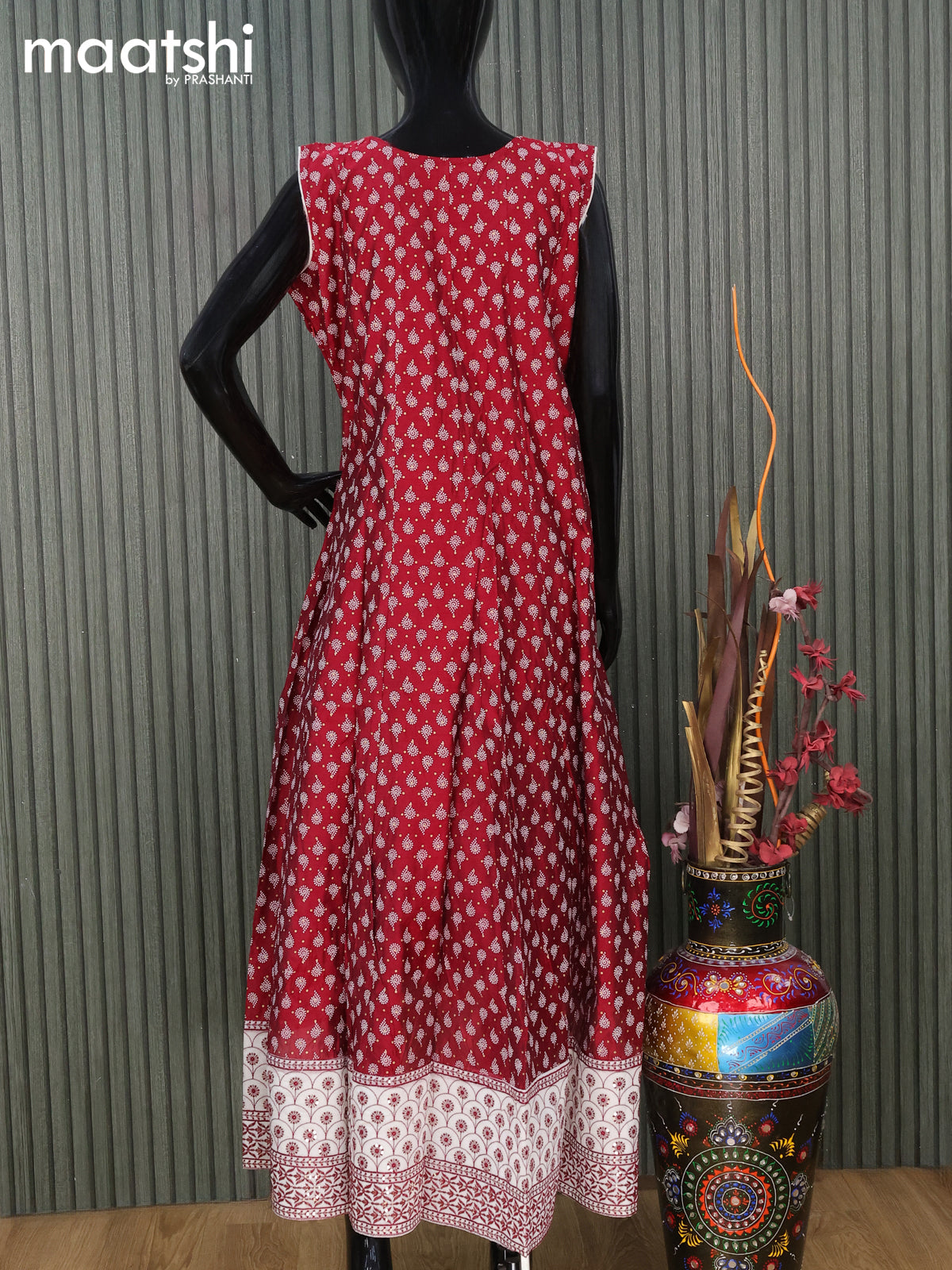 Chanderi readymade anarkali salwar suit maroon and off white with butta prints & sequin work neck pattern and straight cut pant & sequin work dupatta sleeves attached