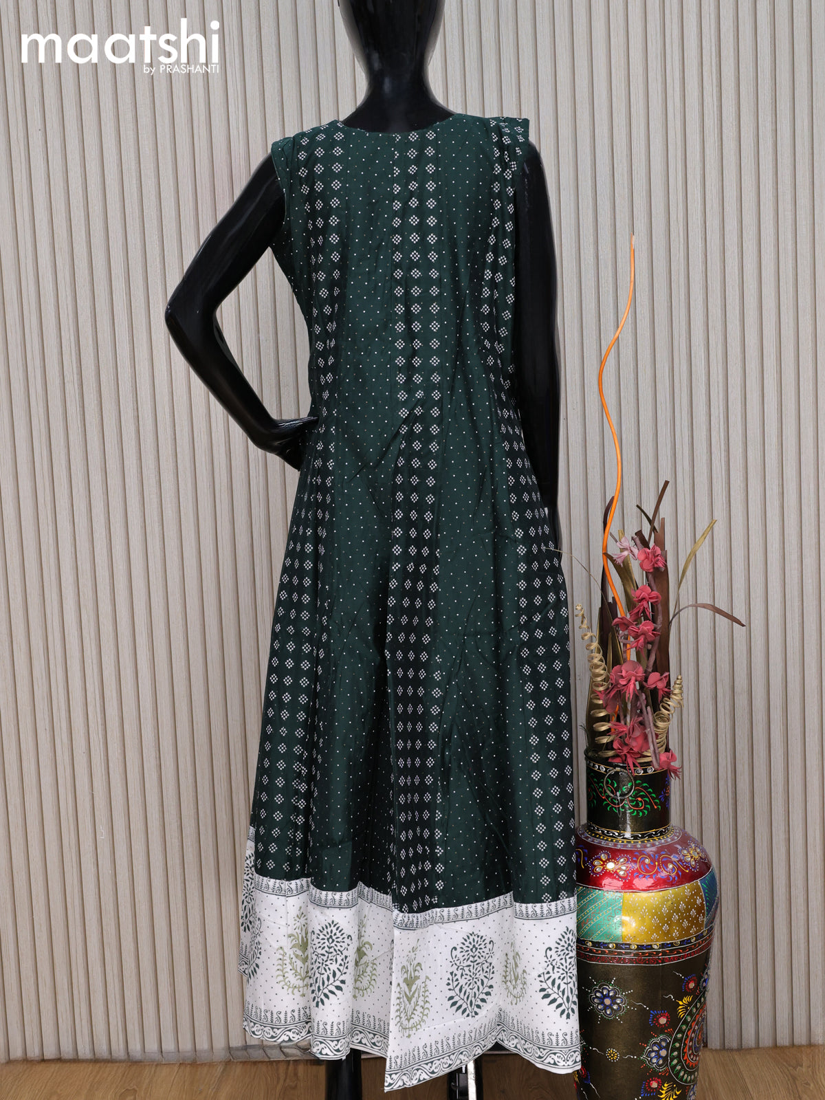 Chanderi readymade anarkali salwar suit bottle green and off white with butta prints & sequin work neck pattern and straight cut pant & sequin work dupatta sleeves attached