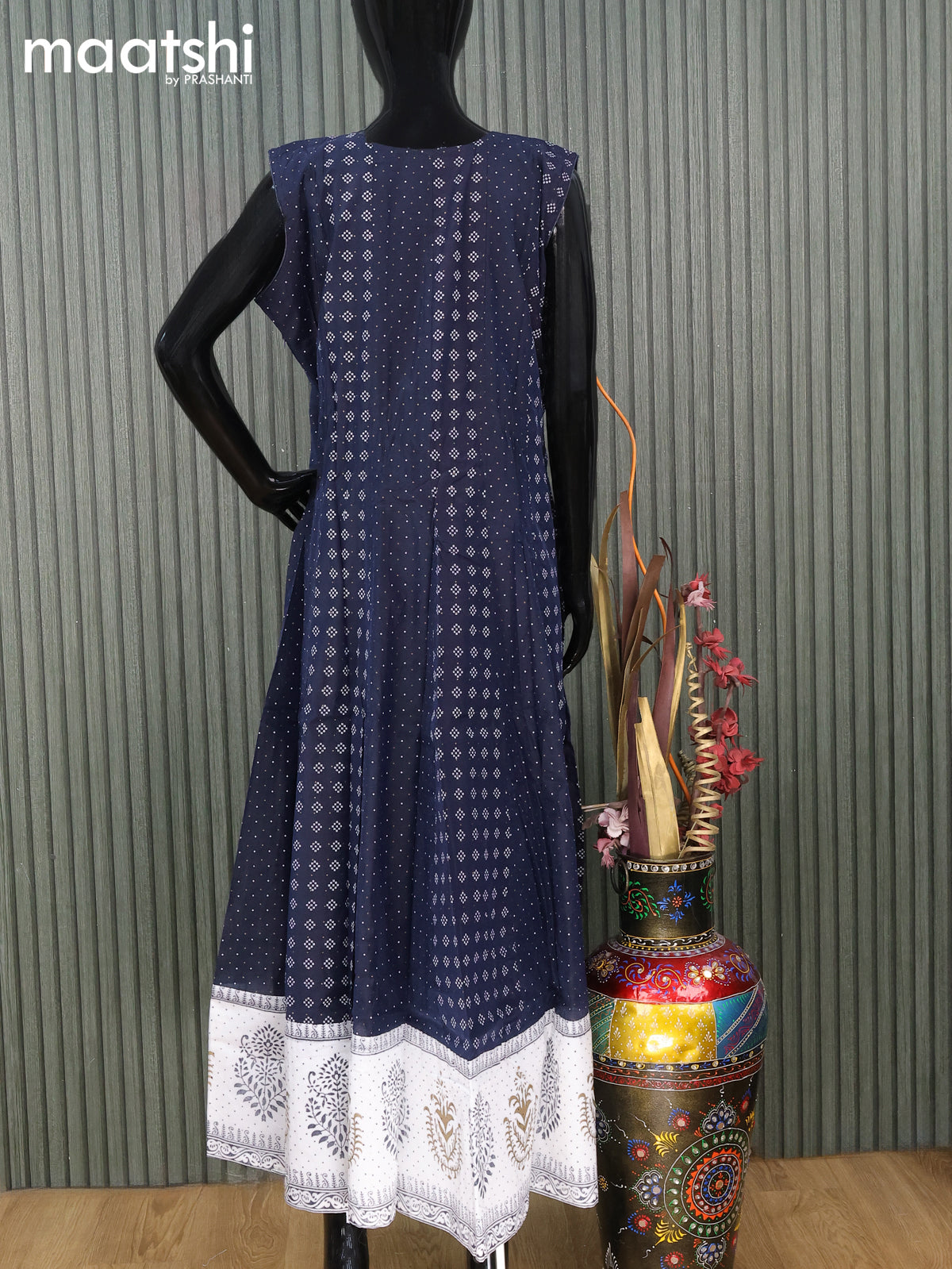 Chanderi readymade anarkali salwar suit navy blue and off white with butta prints & sequin work neck pattern and straight cut pant & sequin work dupatta sleeves attached