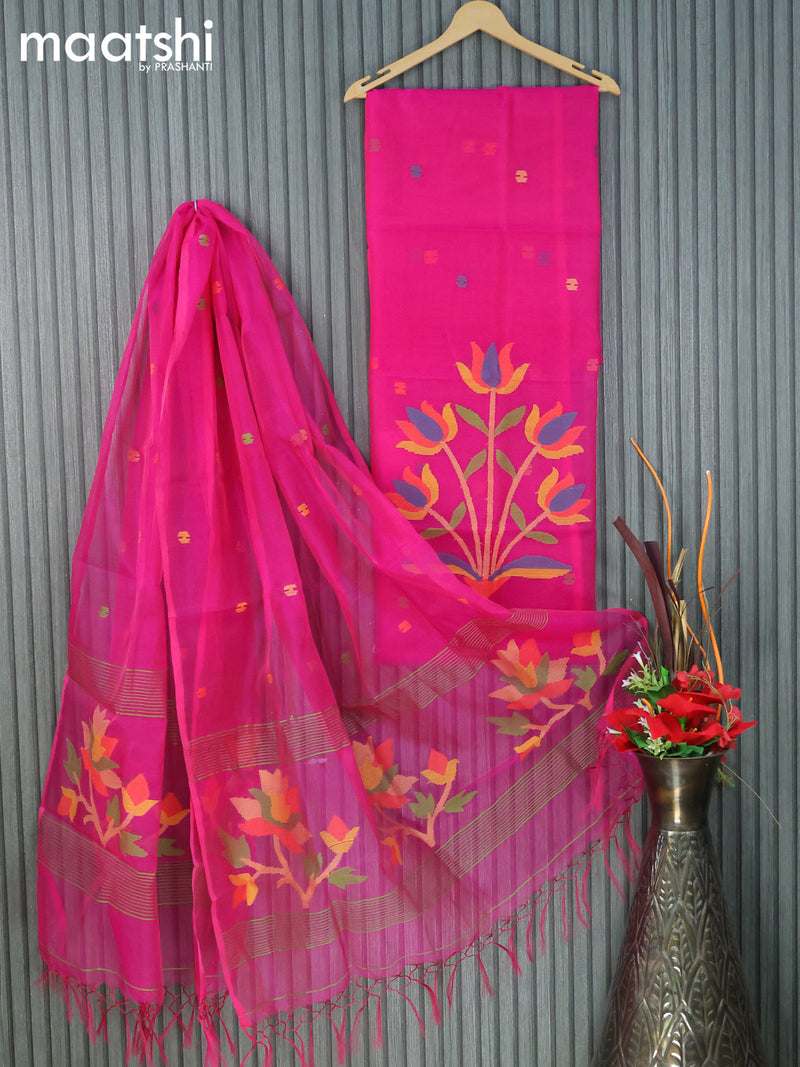 Jamdhani silk cotton dress material pink with allover thread weaves and organza dupatta without bottom