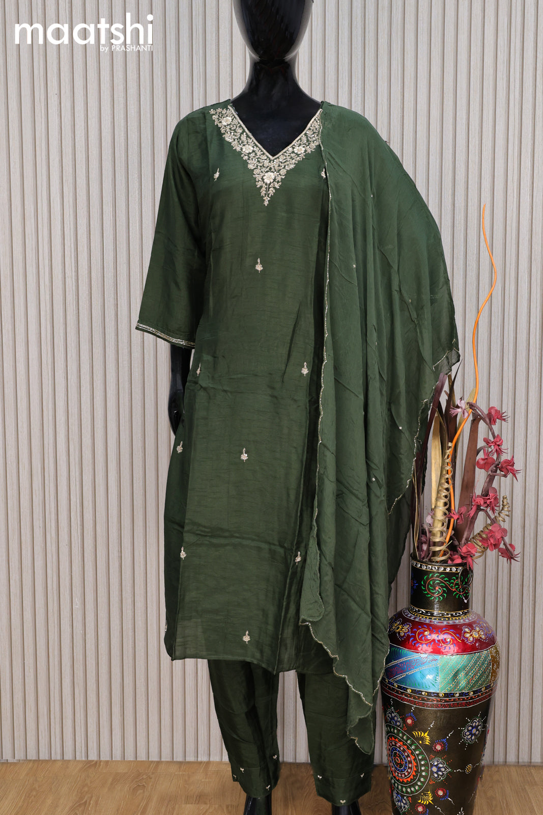 Raw silk readymade party wear salwar suit olive green with zardosi work v neck pattern and straight cut pant & dupatta