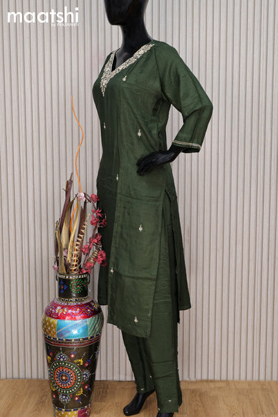 Raw silk readymade party wear salwar suit olive green with zardosi work v neck pattern and straight cut pant & dupatta