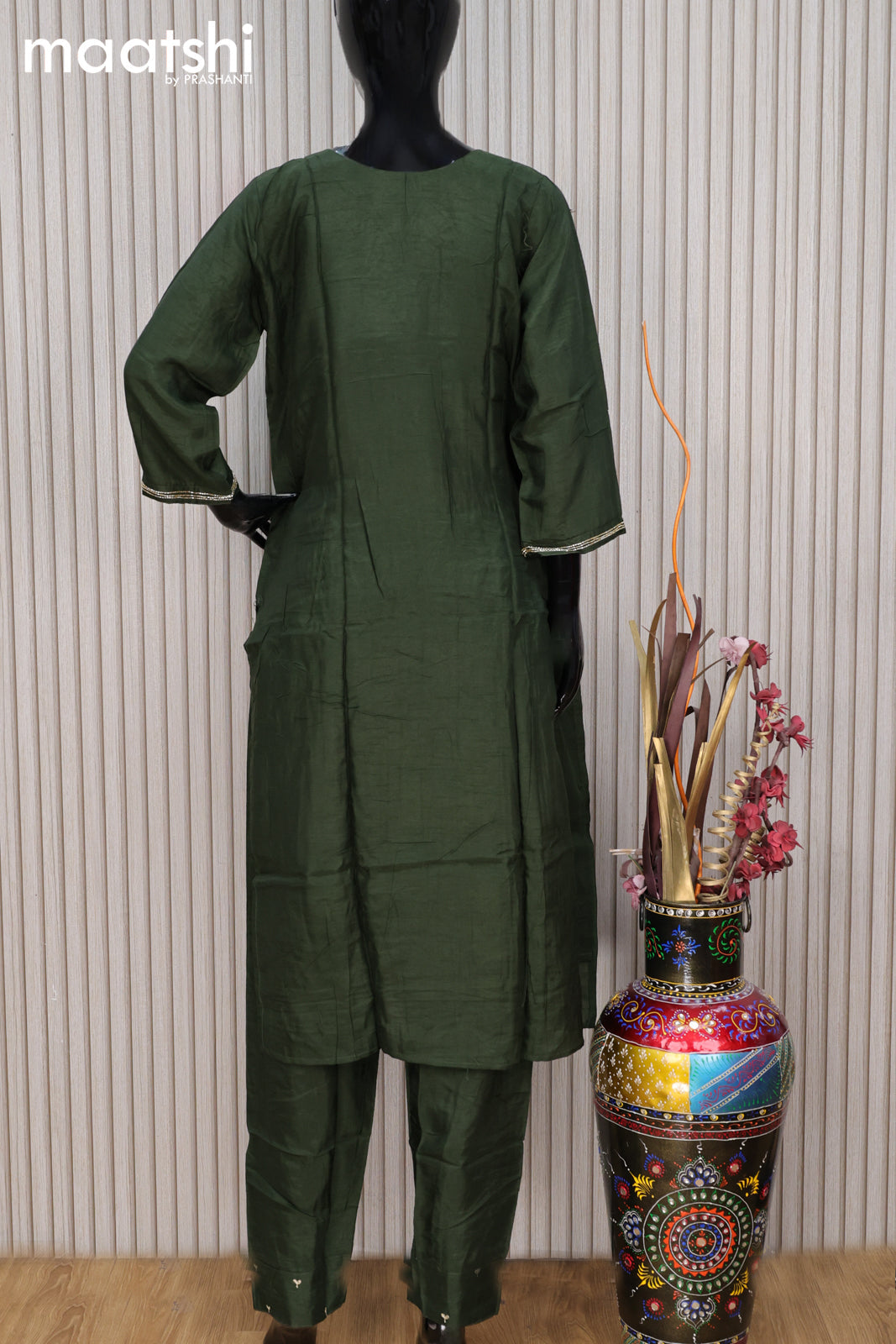 Raw silk readymade party wear salwar suit olive green with zardosi work v neck pattern and straight cut pant & dupatta