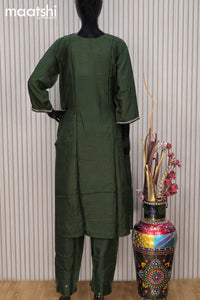 Raw silk readymade party wear salwar suit olive green with zardosi work v neck pattern and straight cut pant & dupatta