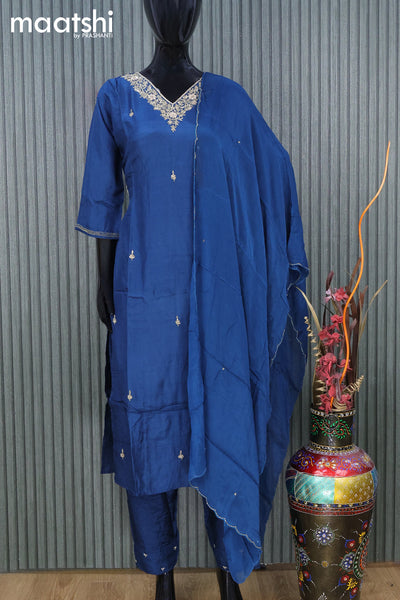 Raw silk readymade party wear salwar suit peacock blue with zardosi work v neck pattern and straight cut pant & dupatta