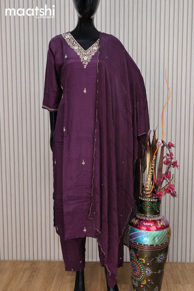 Raw silk readymade party wear salwar suit wine shade with zardosi work v neck pattern and straight cut pant & dupatta