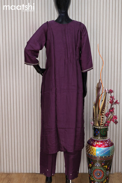 Raw silk readymade party wear salwar suit wine shade with zardosi work v neck pattern and straight cut pant & dupatta