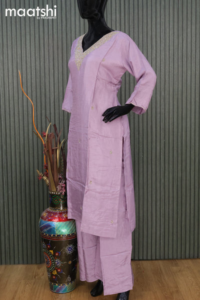 Raw silk readymade party wear salwar suit mild purple with zardosi work v neck pattern and straight cut pant & dupatta