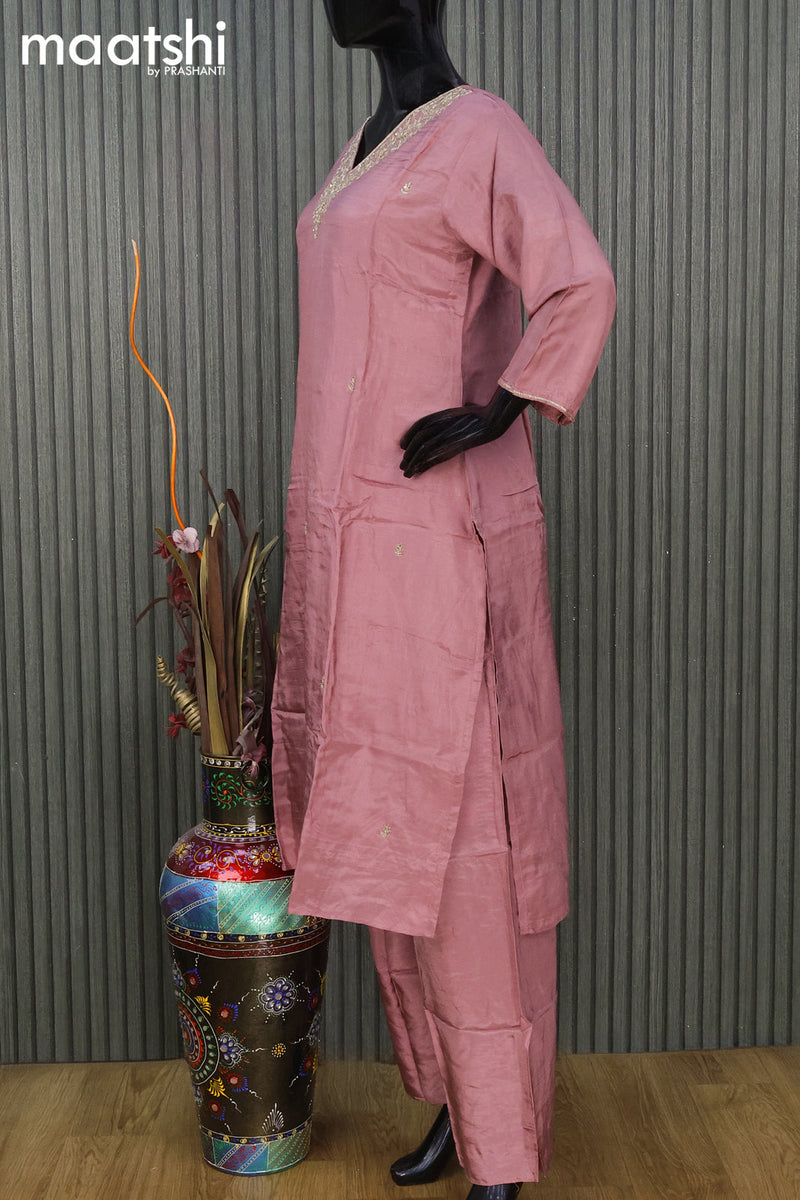 Raw silk readymade party wear salwar suit pastel pink with zardosi work v neck pattern and straight cut pant & dupatta