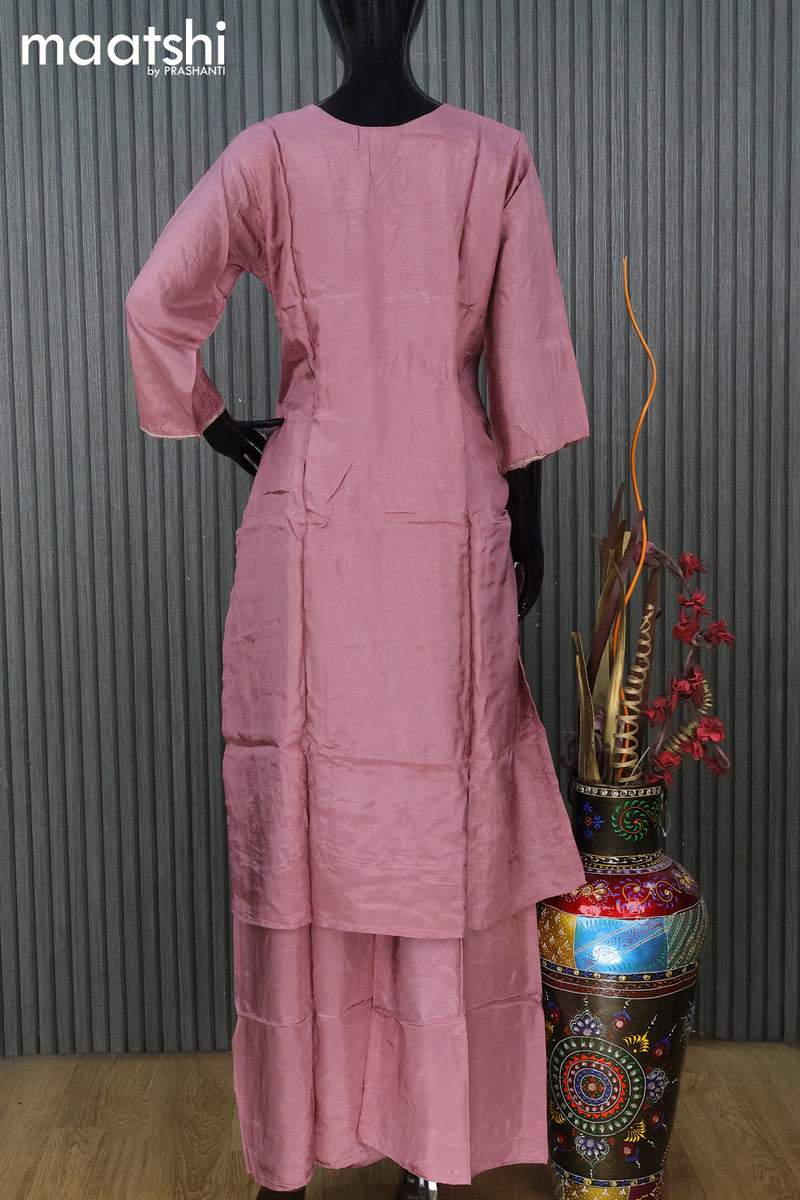 Raw silk readymade party wear salwar suit pastel pink with zardosi work v neck pattern and straight cut pant & dupatta