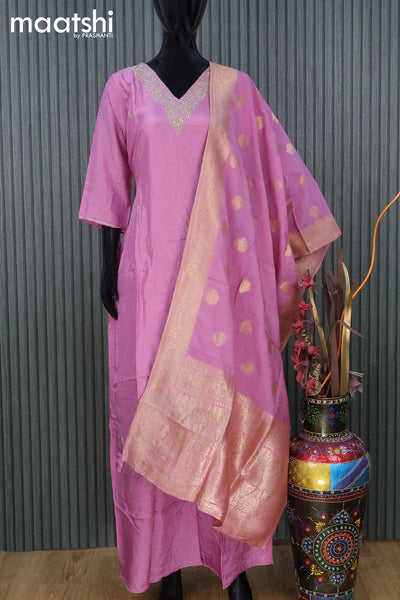Raw silk readymade party wear salwar suit pink shade with zardosi work v neck pattern and straight cut pant & dupatta